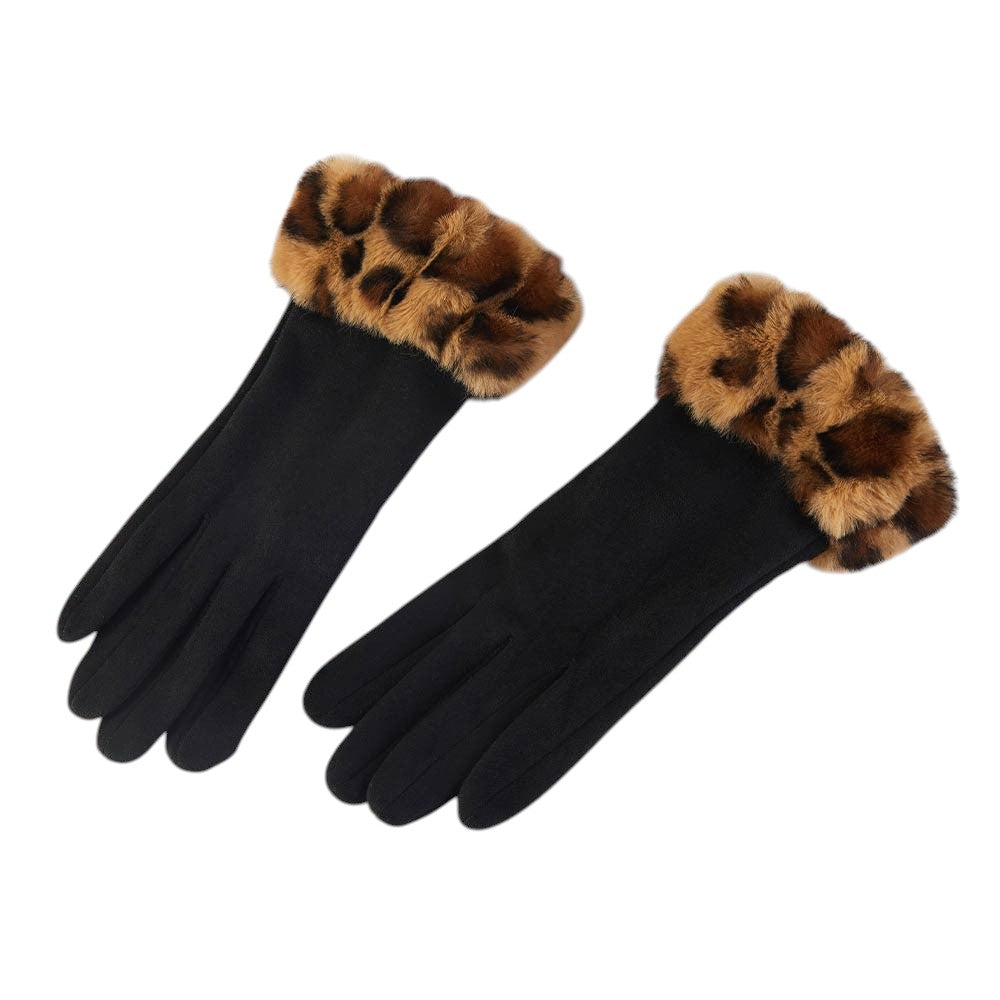 Leopard Faux Fur Wrist Trim Smart Touch Winter Gloves