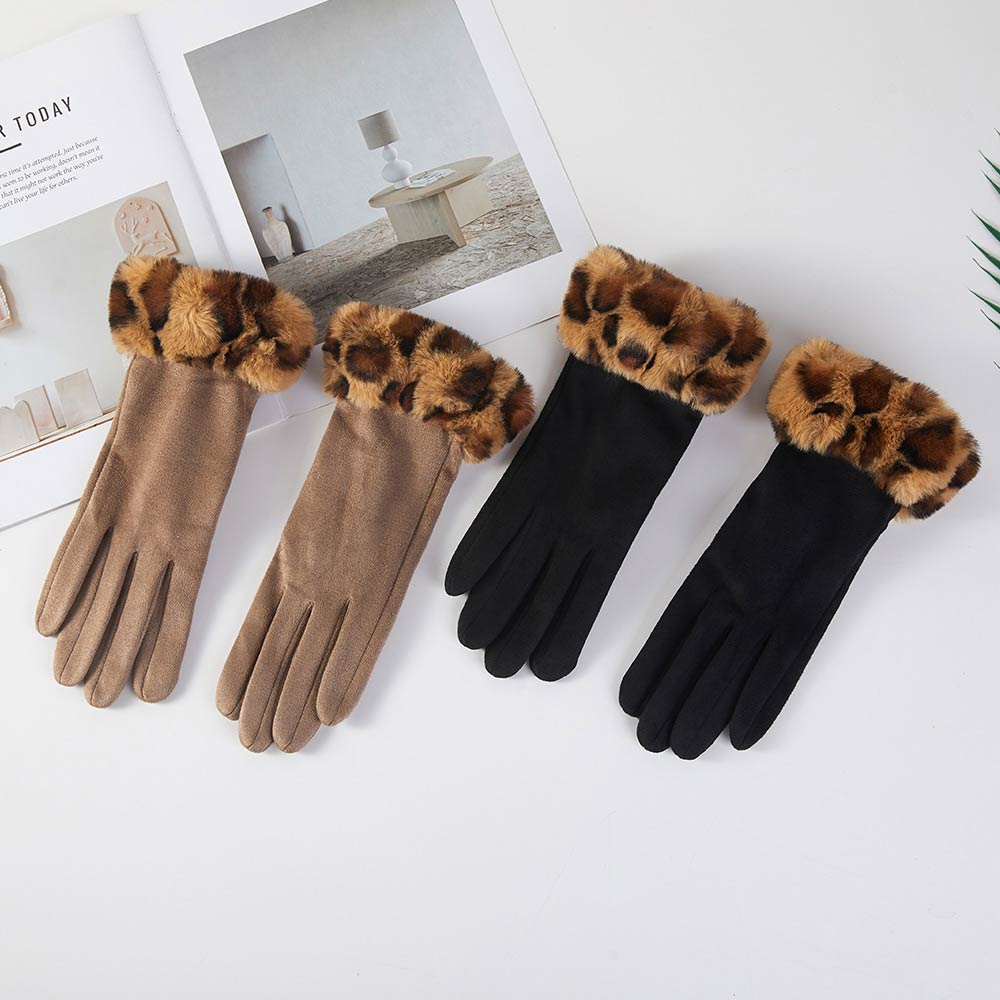 Leopard Faux Fur Wrist Trim Smart Touch Winter Gloves