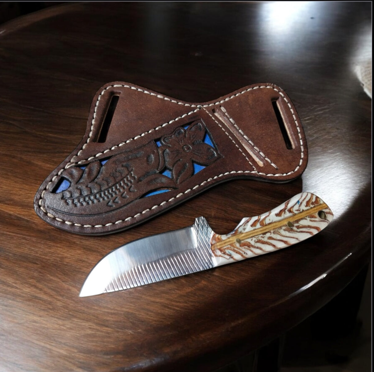 Handmade Cowboy Belt Knife – Rasp Steel Blade with Pine Cone Handle & Leather Sheath