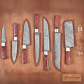 7-Piece Damascus Kitchen Knife Set — Chef, Nakiri, Bread Knife and Cleaver, Red Pakka Wood Handles