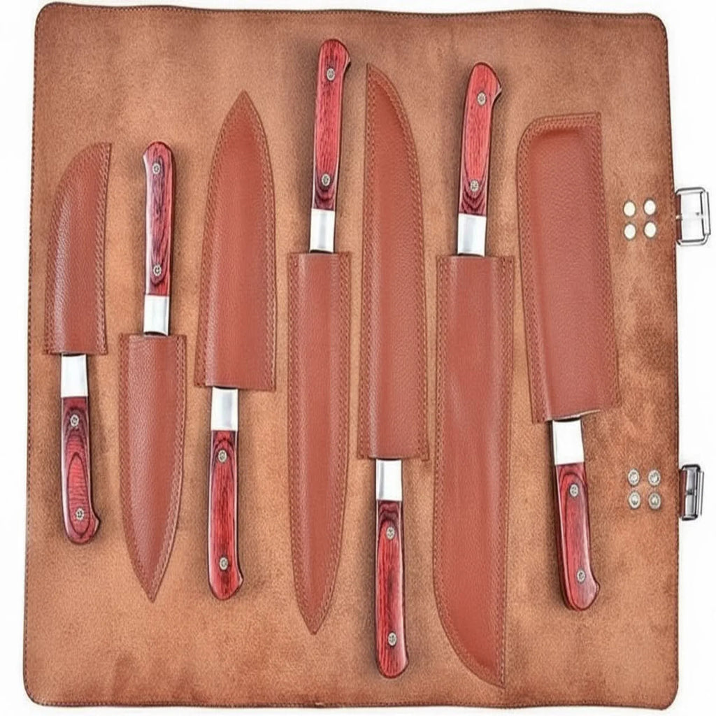 7-Piece Damascus Kitchen Knife Set — Chef, Nakiri, Bread Knife and Cleaver, Red Pakka Wood Handles