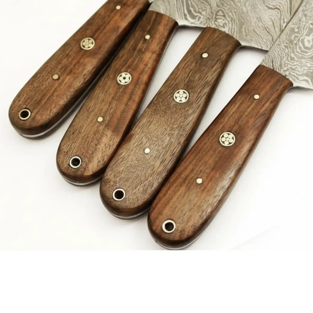 Handmade Damascus Steel Knife Set with Leather Roll, Rosewood Handle Kitchen Collection