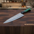 Handmade Damascus Gyuto Chef Knife, Full Tang Professional Kitchen Knife with Green Wood and Black Resin Handle, Forged Damascus Steel Culinary Cooking Knife, JW SteelCraft