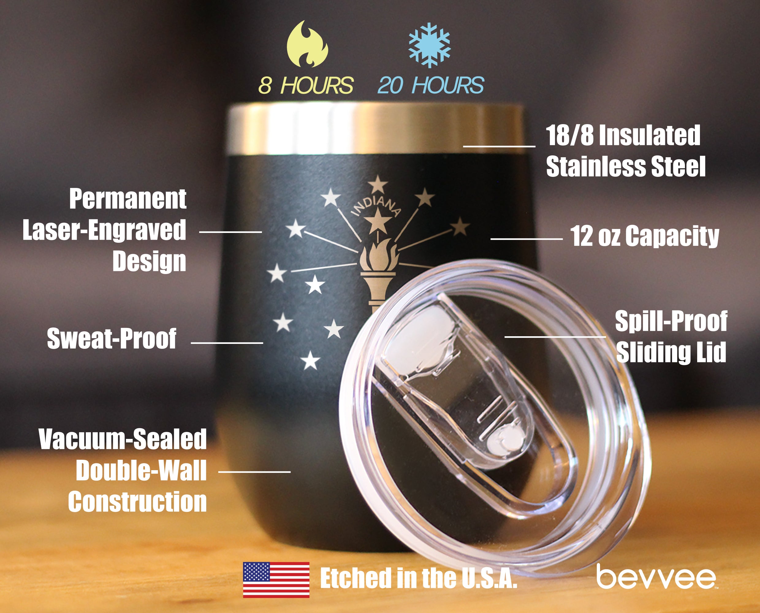 Flag of Indiana - Wine Tumbler Glass with Sliding Lid - Stainless Steel Insulated Mug - Indiana Gifts for Women and Men Indianans