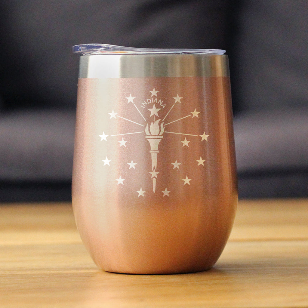 Flag of Indiana - Wine Tumbler Glass with Sliding Lid - Stainless Steel Insulated Mug - Indiana Gifts for Women and Men Indianans