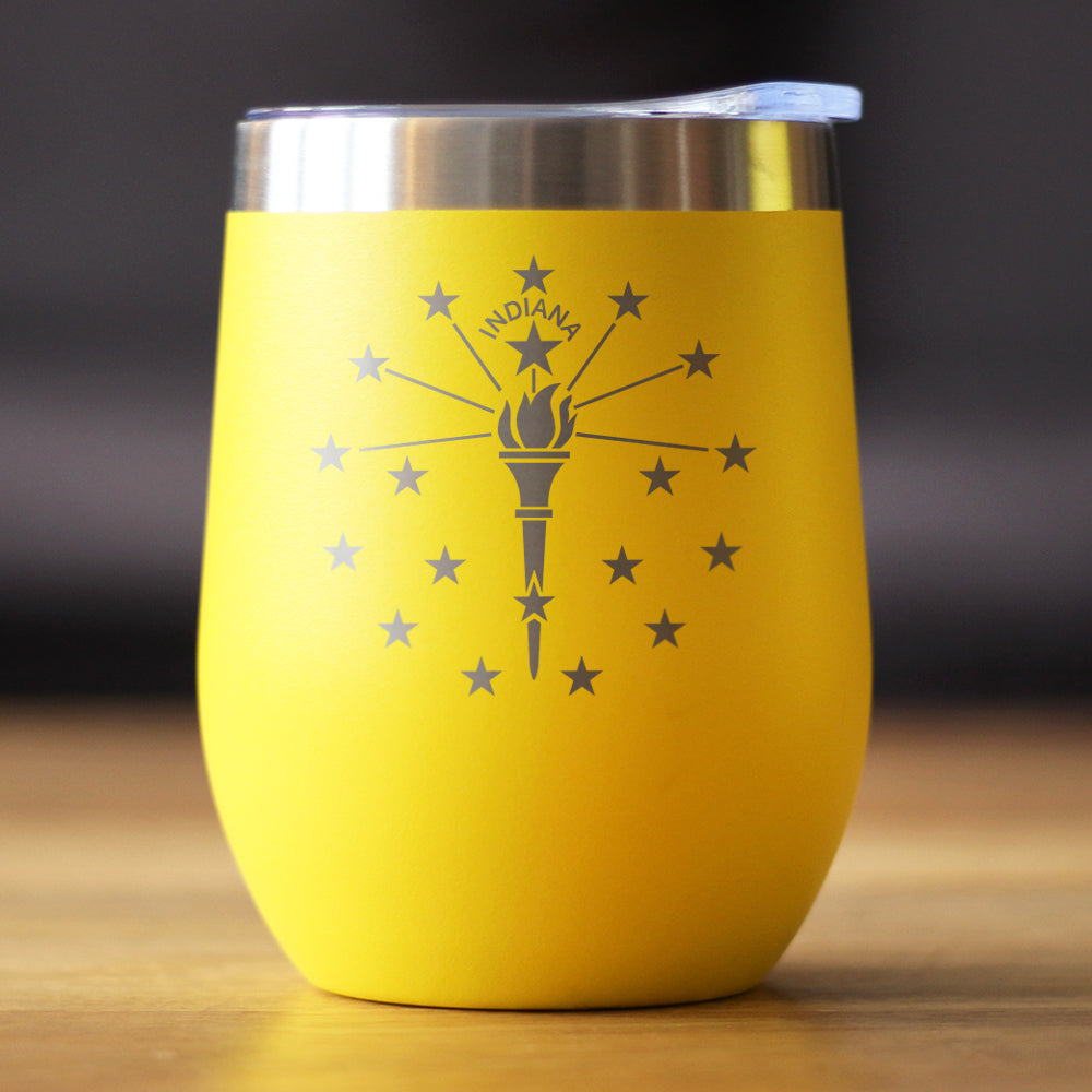 Flag of Indiana - Wine Tumbler Glass with Sliding Lid - Stainless Steel Insulated Mug - Indiana Gifts for Women and Men Indianans