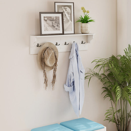 Wall Hooks with Shelf 31.5inch Wooden Coat Rack with 6 Hooks for Hats Towels Purses Robes-White - Color: White