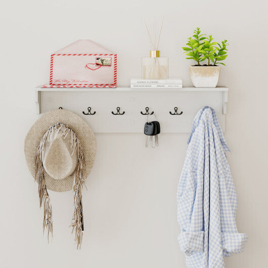 Wall Hooks with Shelf 31.5inch Wooden Coat Rack with 6 Hooks for Hats Towels Purses Robes-White - Color: White