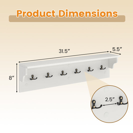 Wall Hooks with Shelf 31.5inch Wooden Coat Rack with 6 Hooks for Hats Towels Purses Robes-White - Color: White