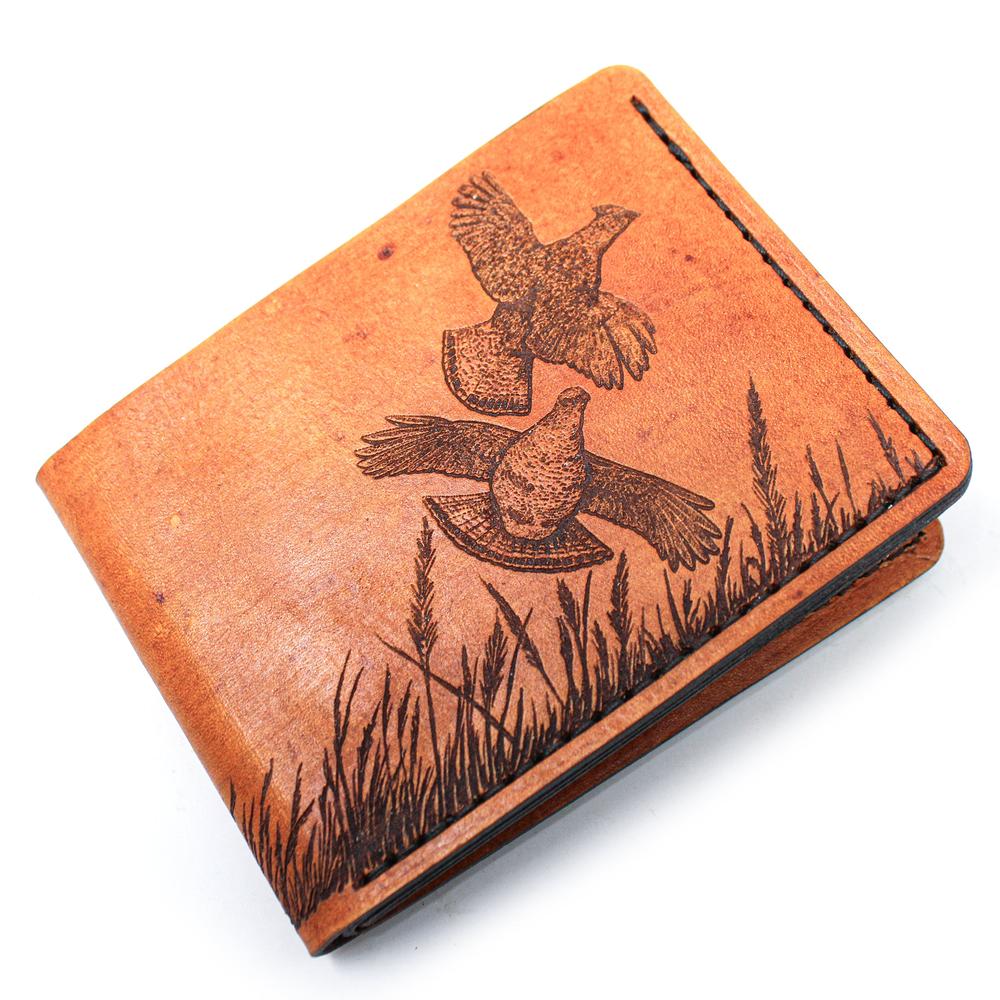 Handcrafted English Setter on Grouse Leather Bill Fold Wallet - Made to Order in USA