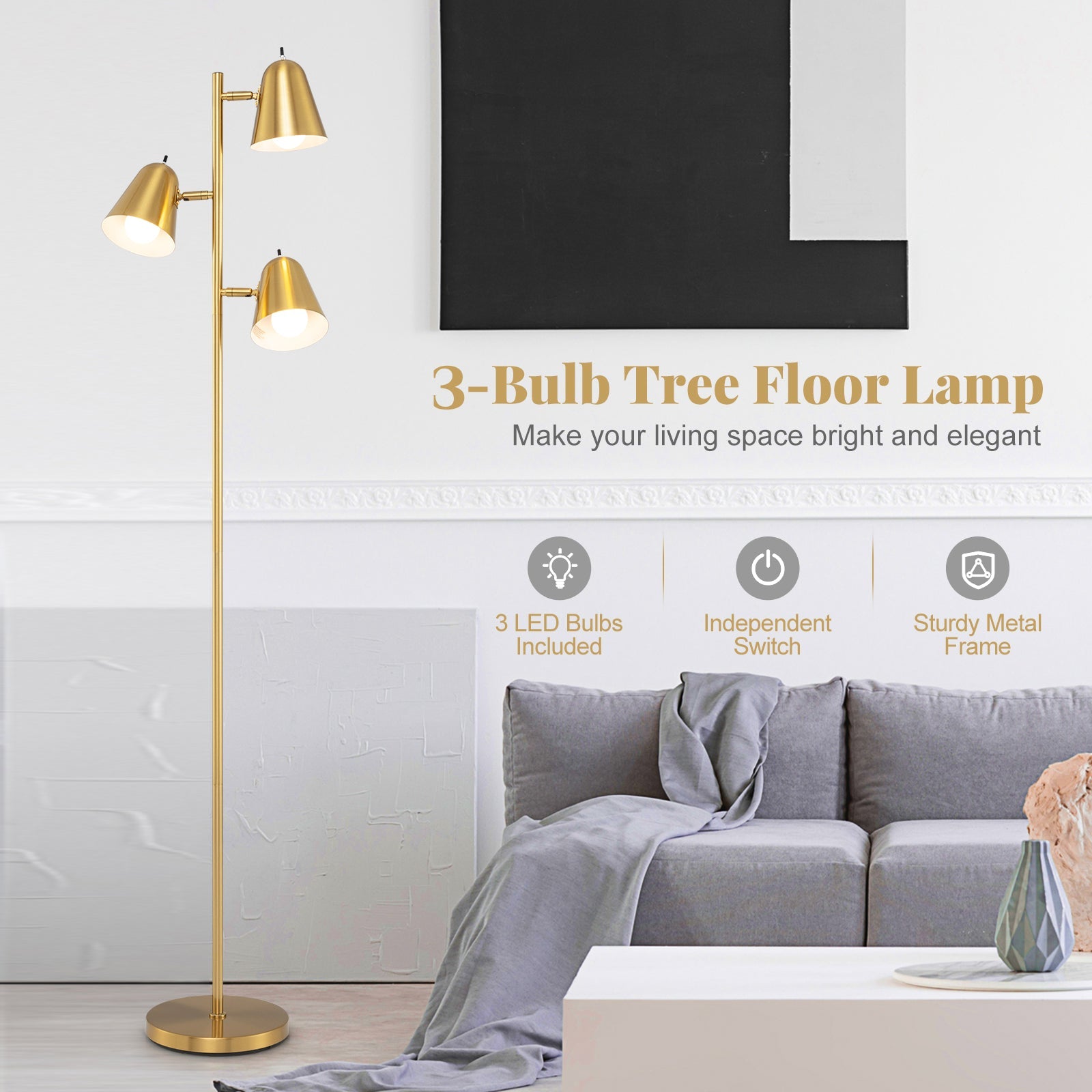 64 Inch 3-Light LED Floor Lamp Reading Light for Living Room Bedroom-Golden