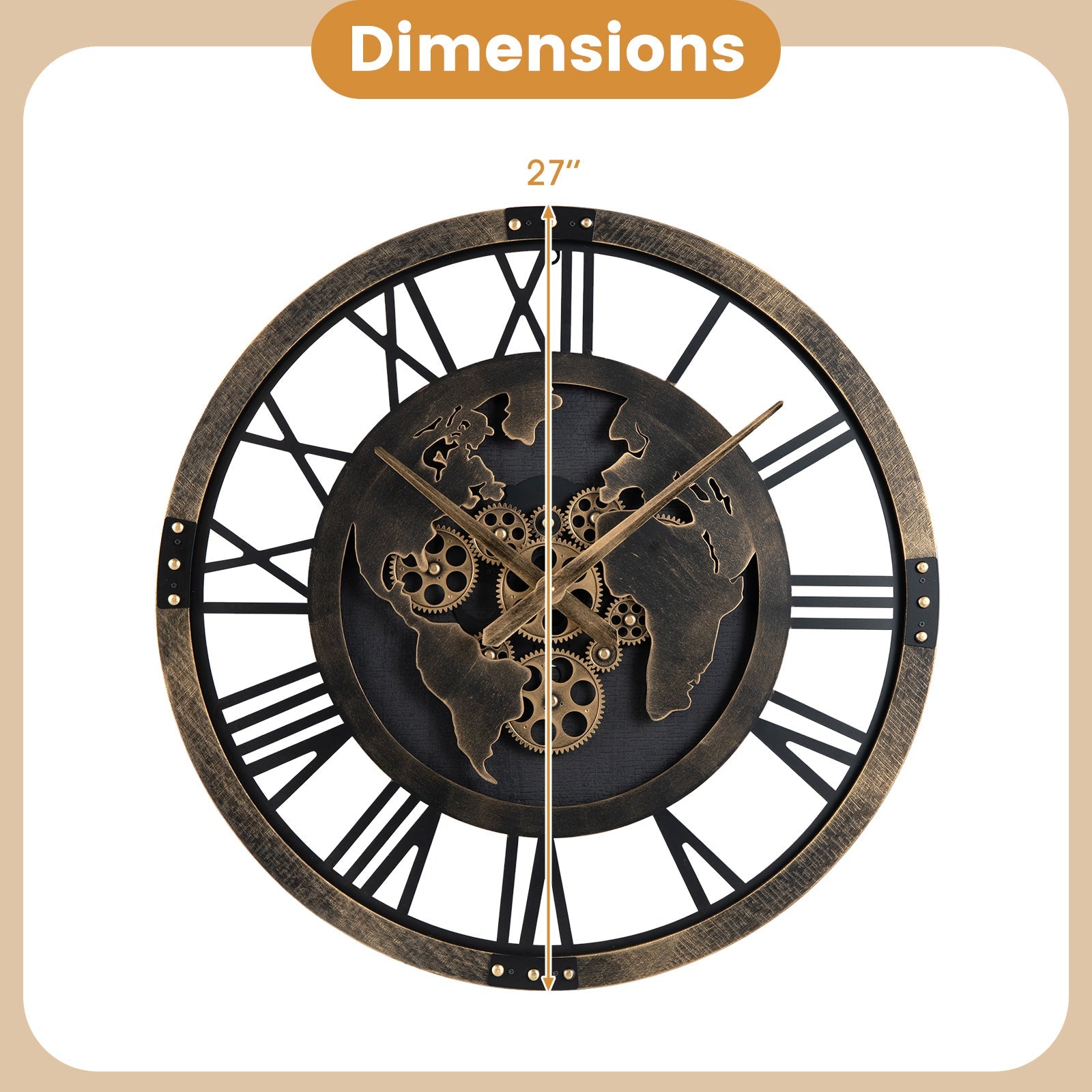 Large Wall Clock 27" Gear Clock with World Map-Brown
