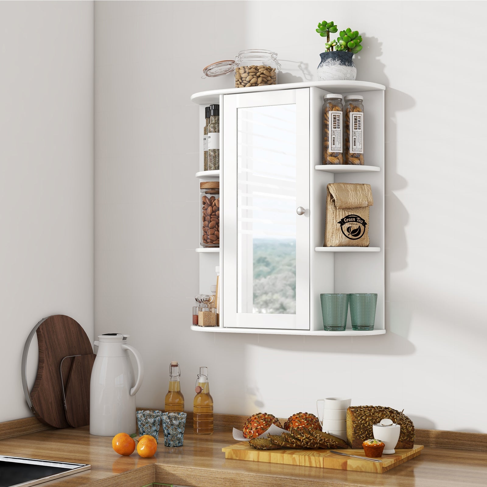 Mirrored Bathroom Medicine Cabinet with Single Mirror Door and Adjustable Shelf-White
