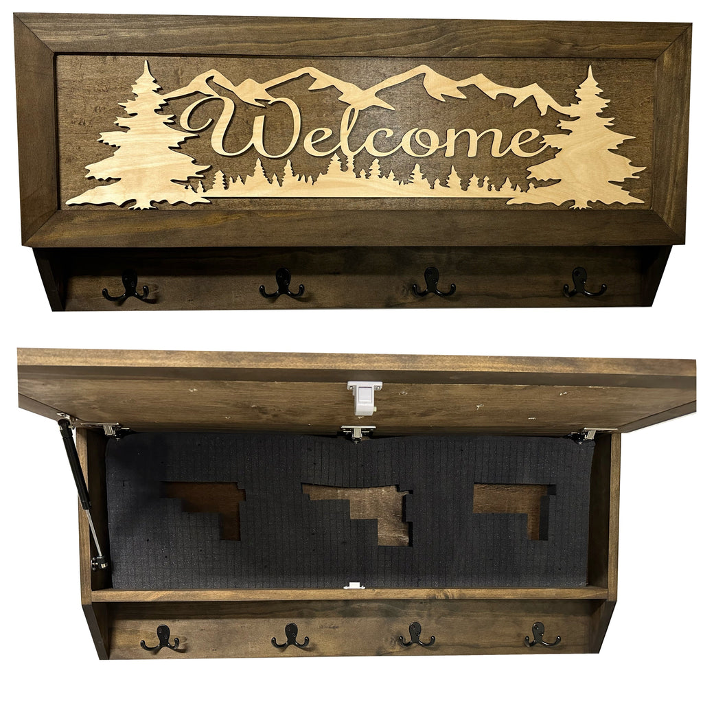 Mountain Scene Welcome Concealment Decor - Handcrafted Wooden Gun Cabinets - Gun Shelf Hidden Storage for Rifles, Shotguns, & Handguns - Quick Access Hidden Wall Safe