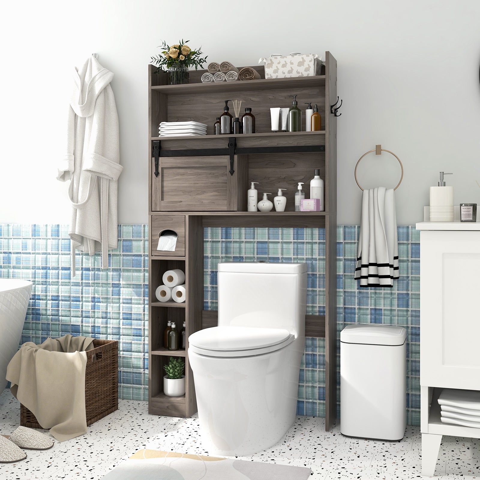 Over The Toilet Storage Cabinet with Sliding Barn Door and Adjustable Shelves-Gray