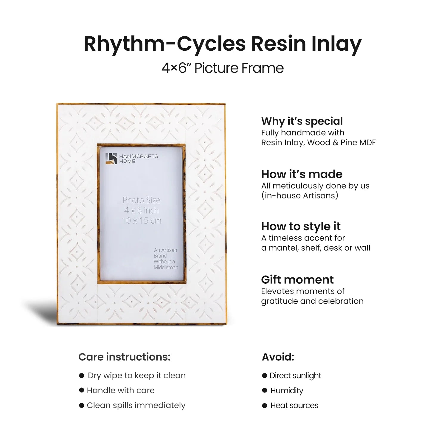 Picture Frames Rhythm Cycles Collection Wood Resin Inlay White 4x6 5x7 8x10"