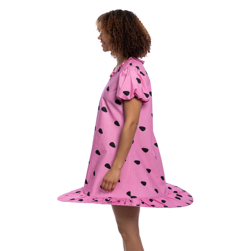 Peanuts Sally Comic Strip Halloween Costume: Pink Polka Dot Mini Dress with Puff Sleeves for Fun Cosplay