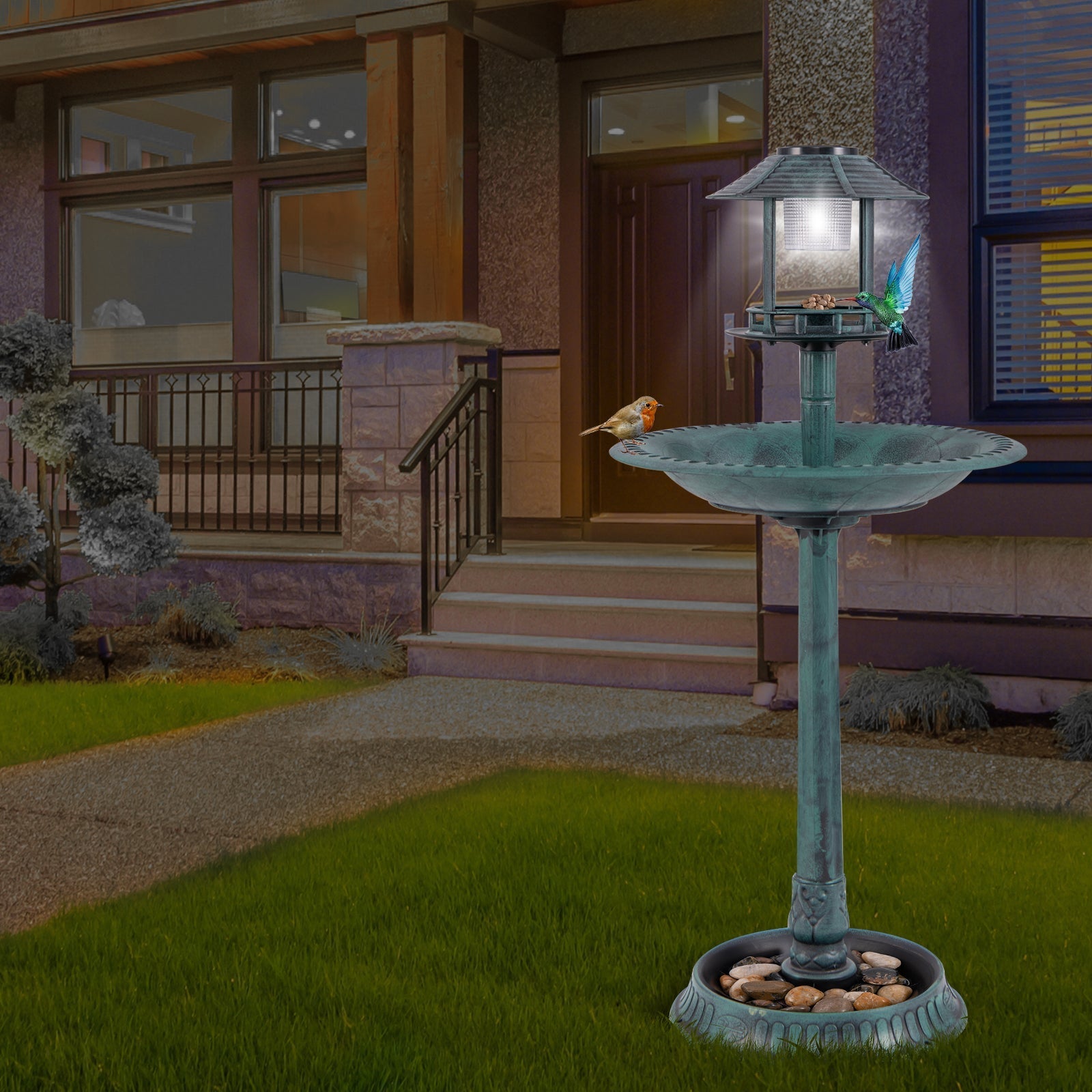 Solar Pedestal Bird Bath with Feeder and Planter - Bronze