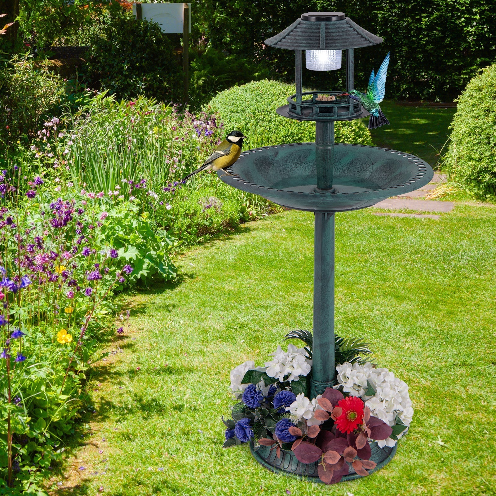 Solar Pedestal Bird Bath with Feeder and Planter - Bronze