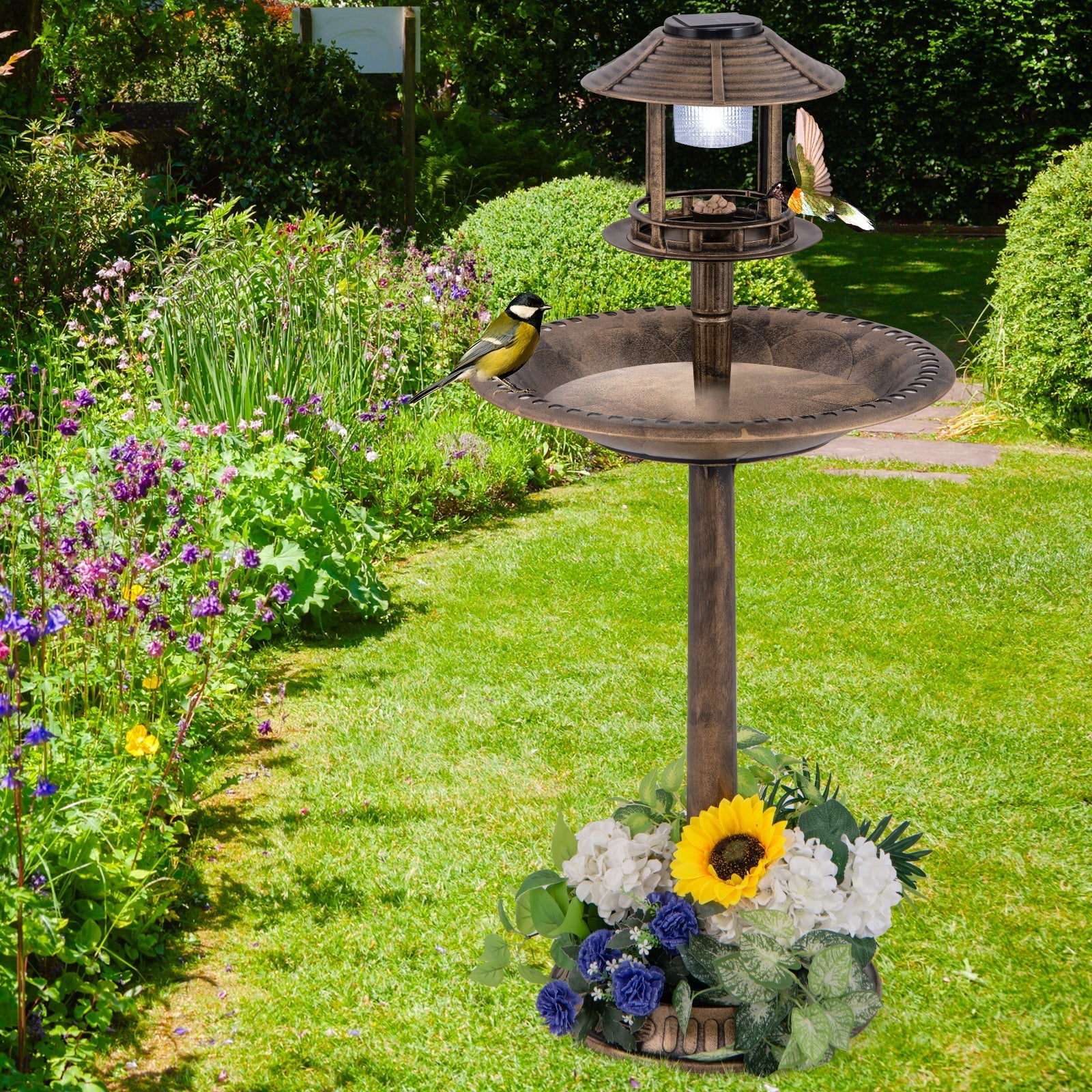 Solar Pedestal Bird Bath with Feeder and Planter - Bronze