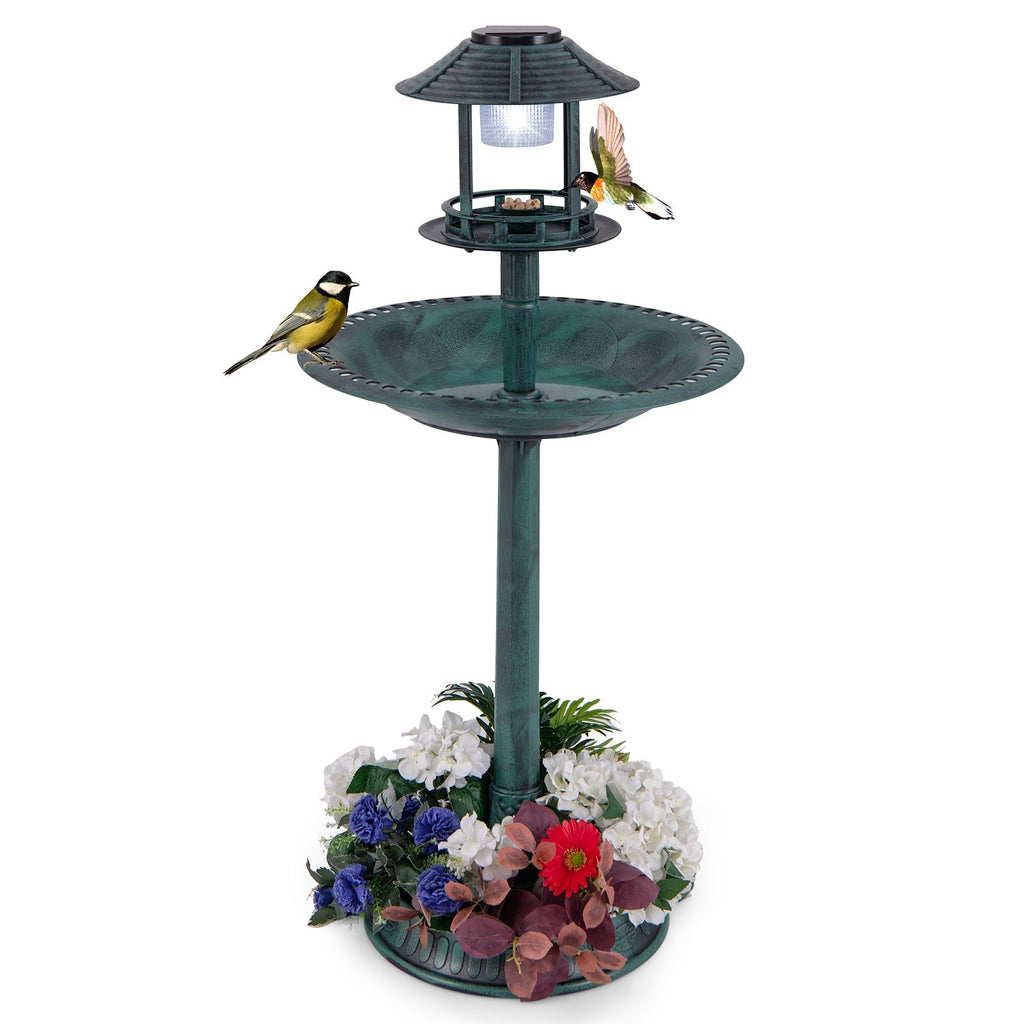 Solar Pedestal Bird Bath with Feeder and Planter - Bronze