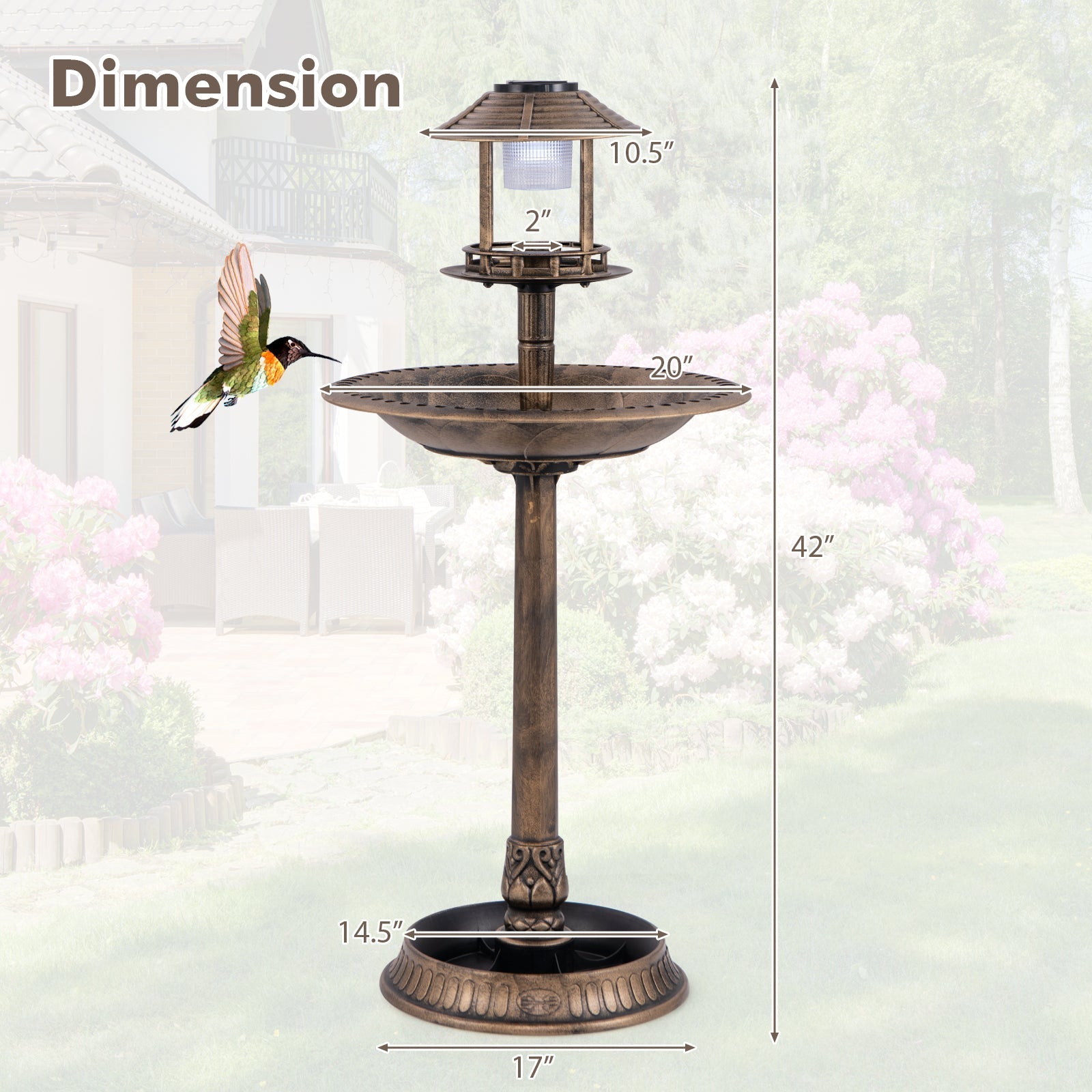 Solar Pedestal Bird Bath with Feeder and Planter - Bronze