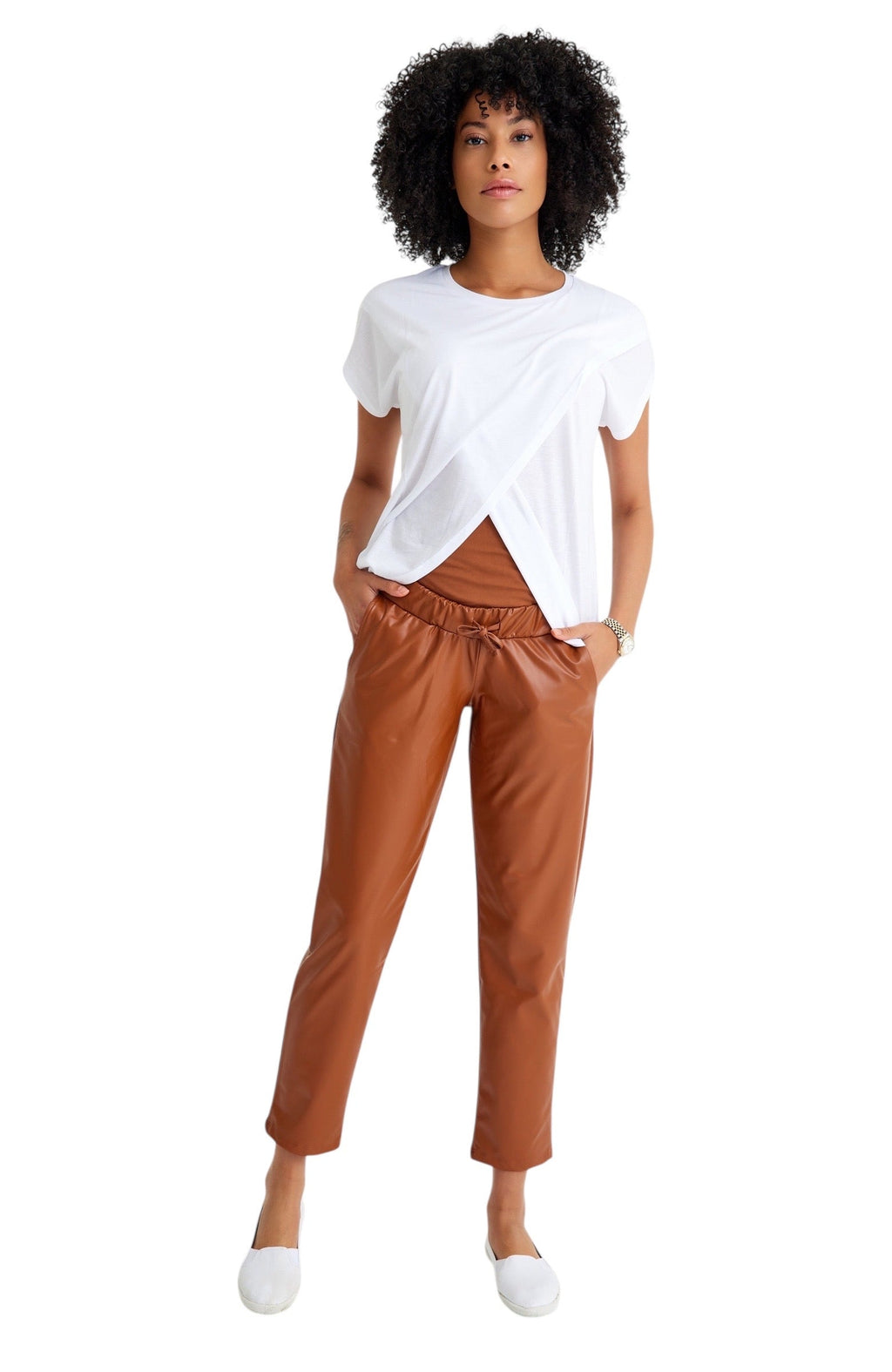 Comfy Cool Foldover Waistband Faux Leather Maternity Jogger Pants