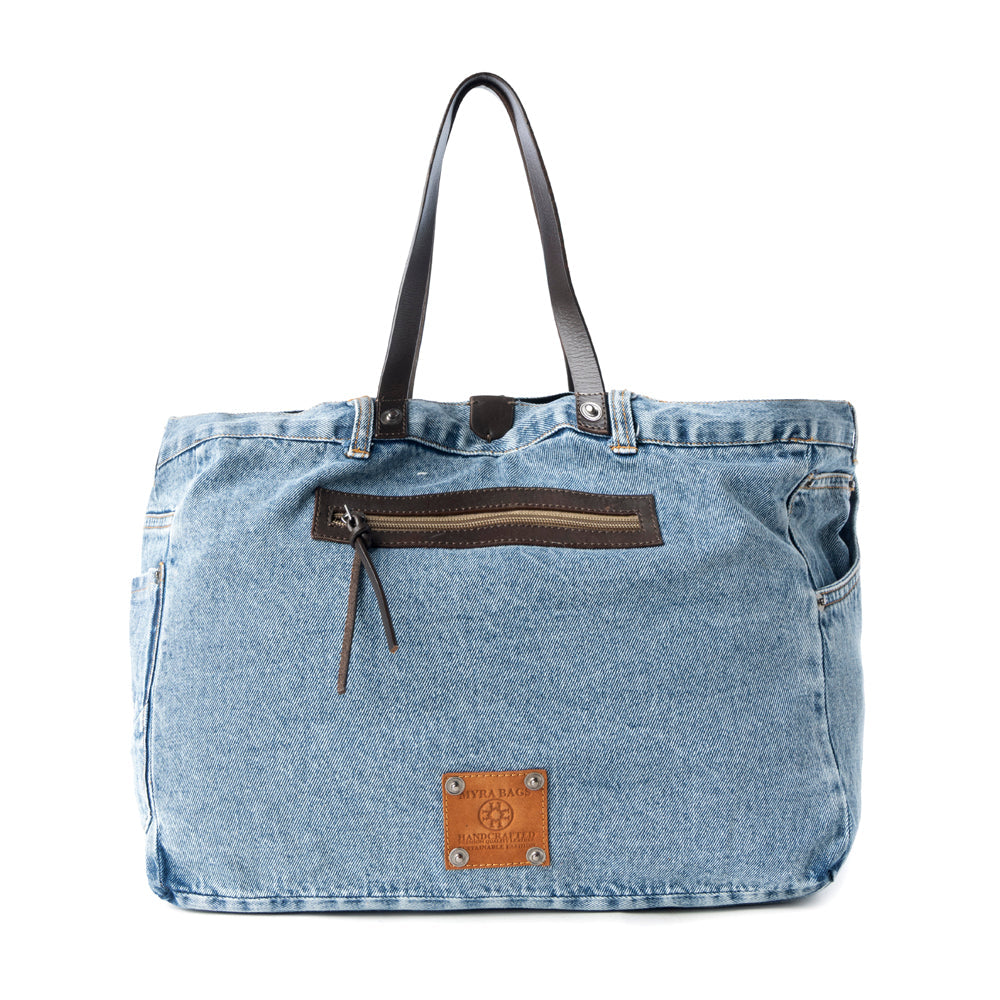 Myra Billyjean Western denim Tote Bag for Women in denim blue with leather detail