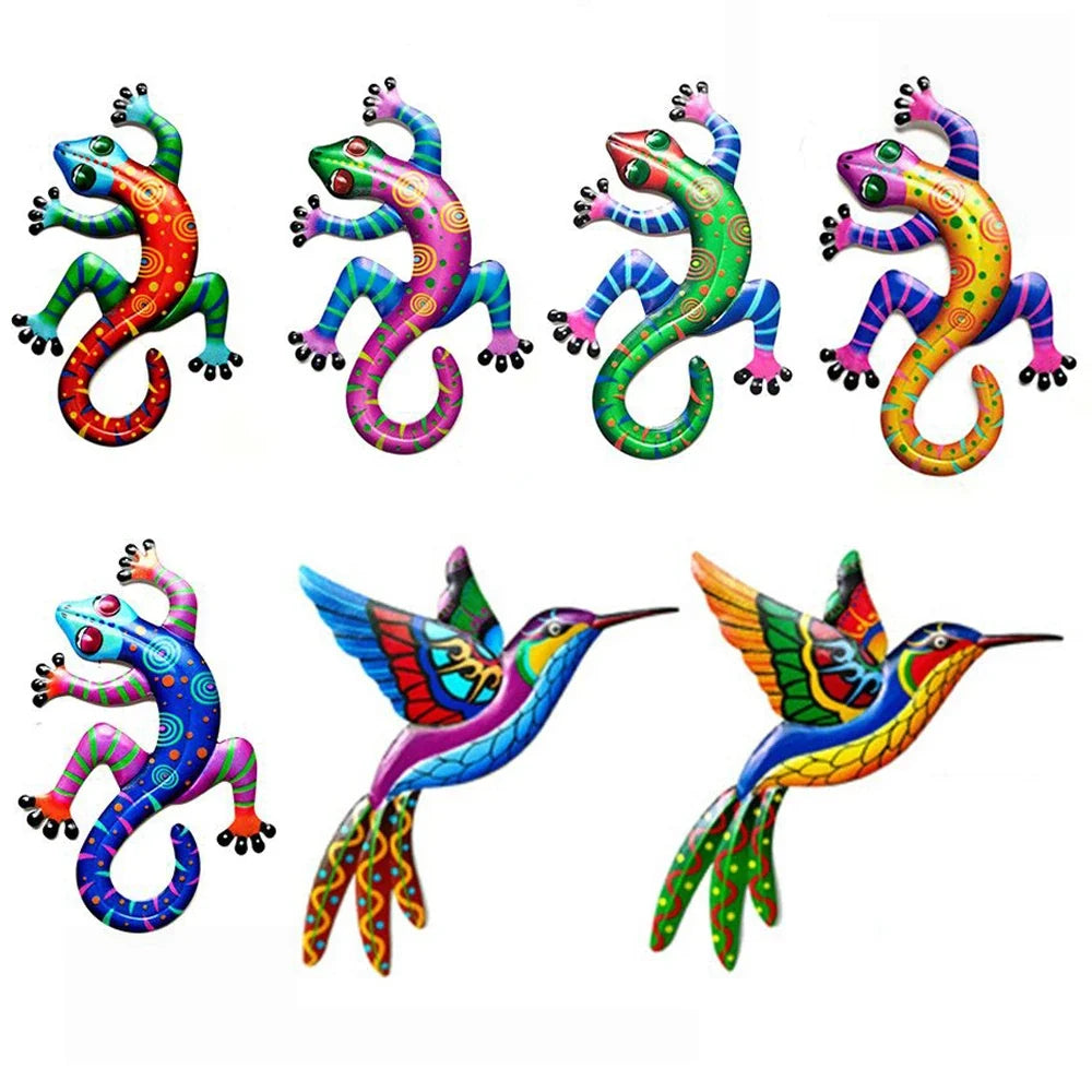 Iron Gecko Wall Art Ornaments Home Wall Decoration Simulation Realistic Metal Hummingbird Lizard Sculptures Garden Statue