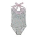 Sleeveless pink stripe ruffle floral girls one piece swimsuit