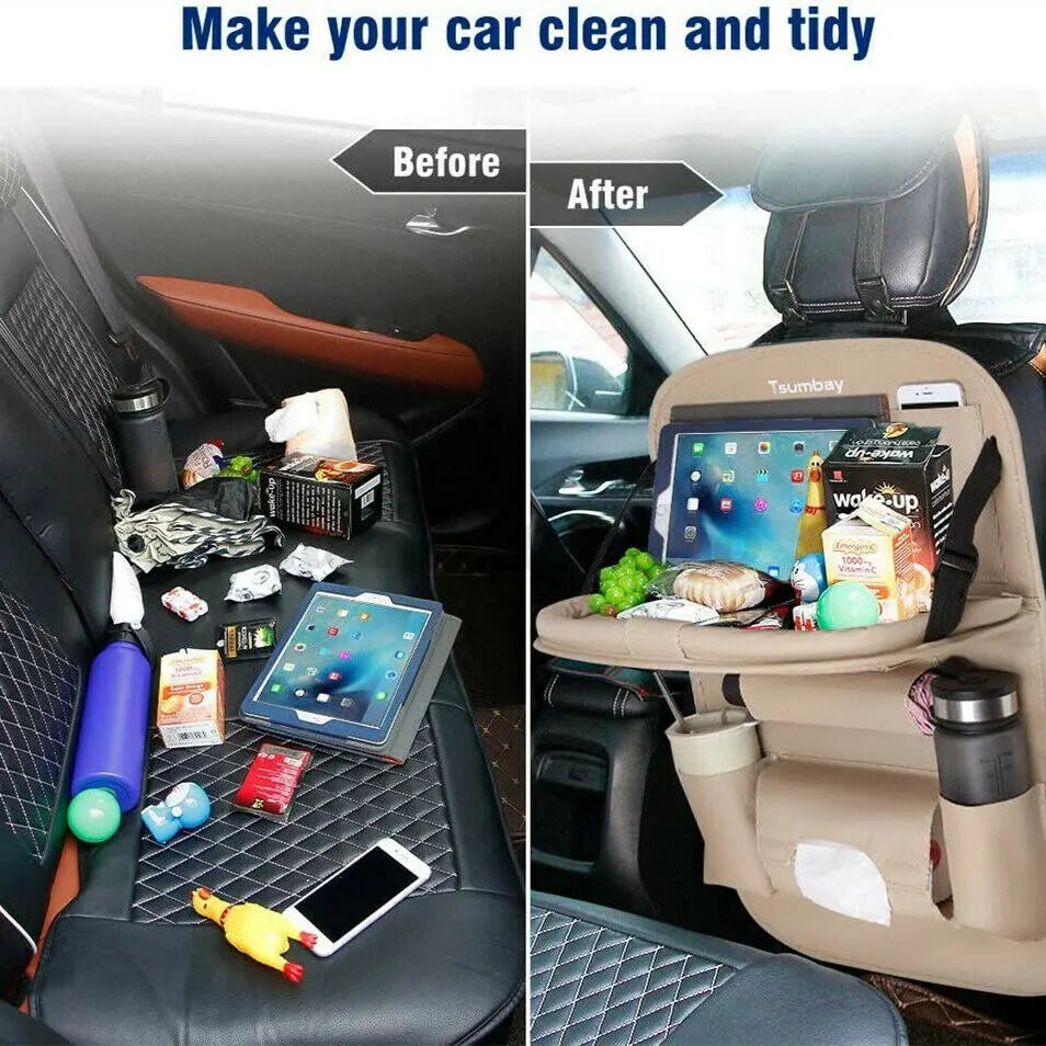 Car Seat Back Organizer with Foldable Table Tray – PU Leather Storage with Multiple Pockets & Kick Mats, Car Interior Accessories