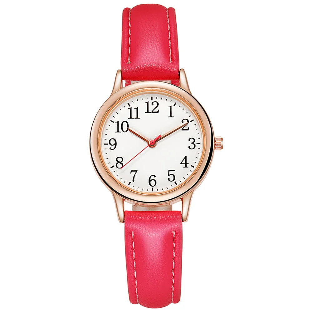 Leisure Fashion Women Quartz Watch Easy to Read Arabic Numerals Simple Dial PU Leather Strap Lady Candy Color