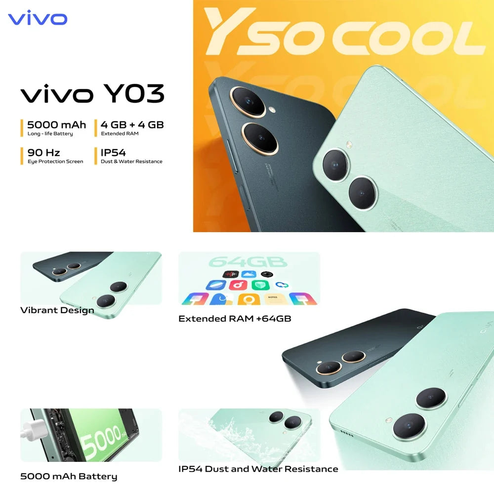 VIVO Y03 4G original fashion smart phone 8GB+256gb large memory/5000mah long standby battery