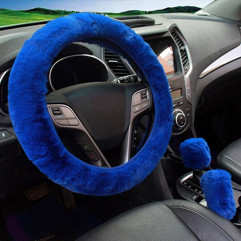 Car Steering Wheel Cover Gearshift Handbrake Cover Protector Decoration Warm Super Thick Plush Collar Soft Black Pink Women Man