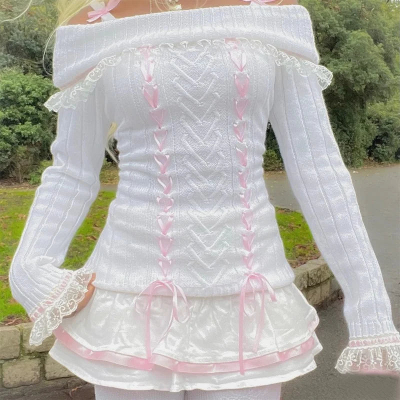 Coquette Off Shoulder Ribbon Sweater