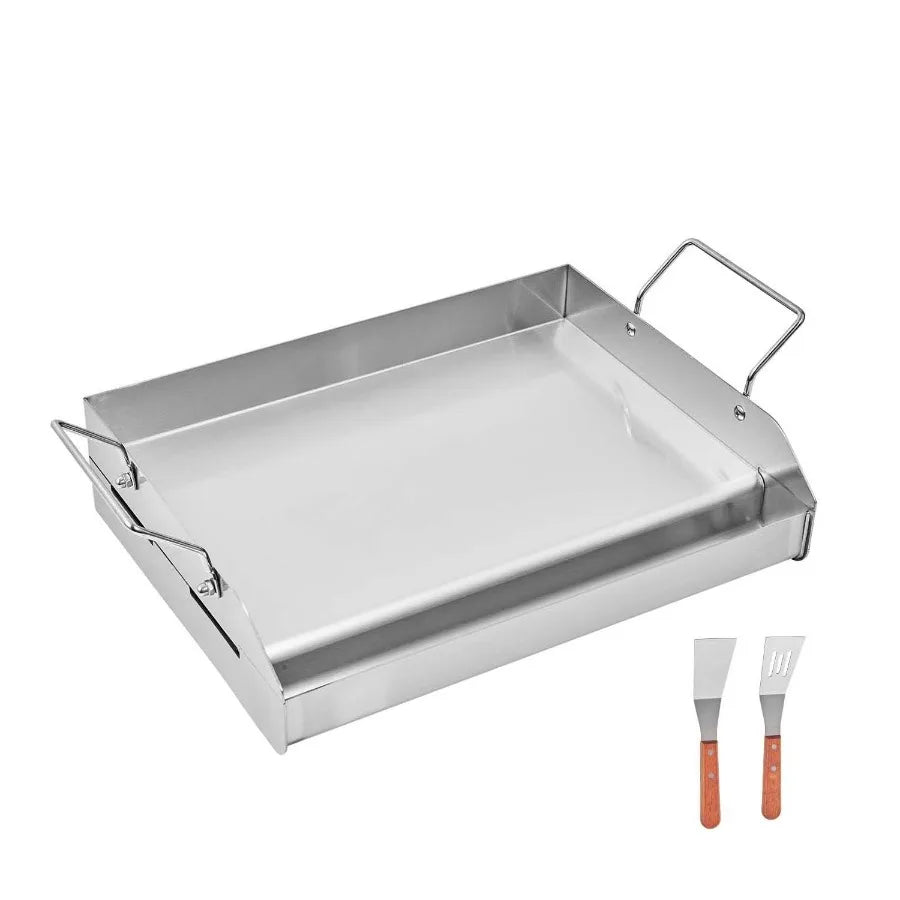 Stainless Steel Griddle 17x13 inch Universal Flat Top Rectangular Plate for Gas Grill BBQ Teppanyaki Portable Cookware with Han