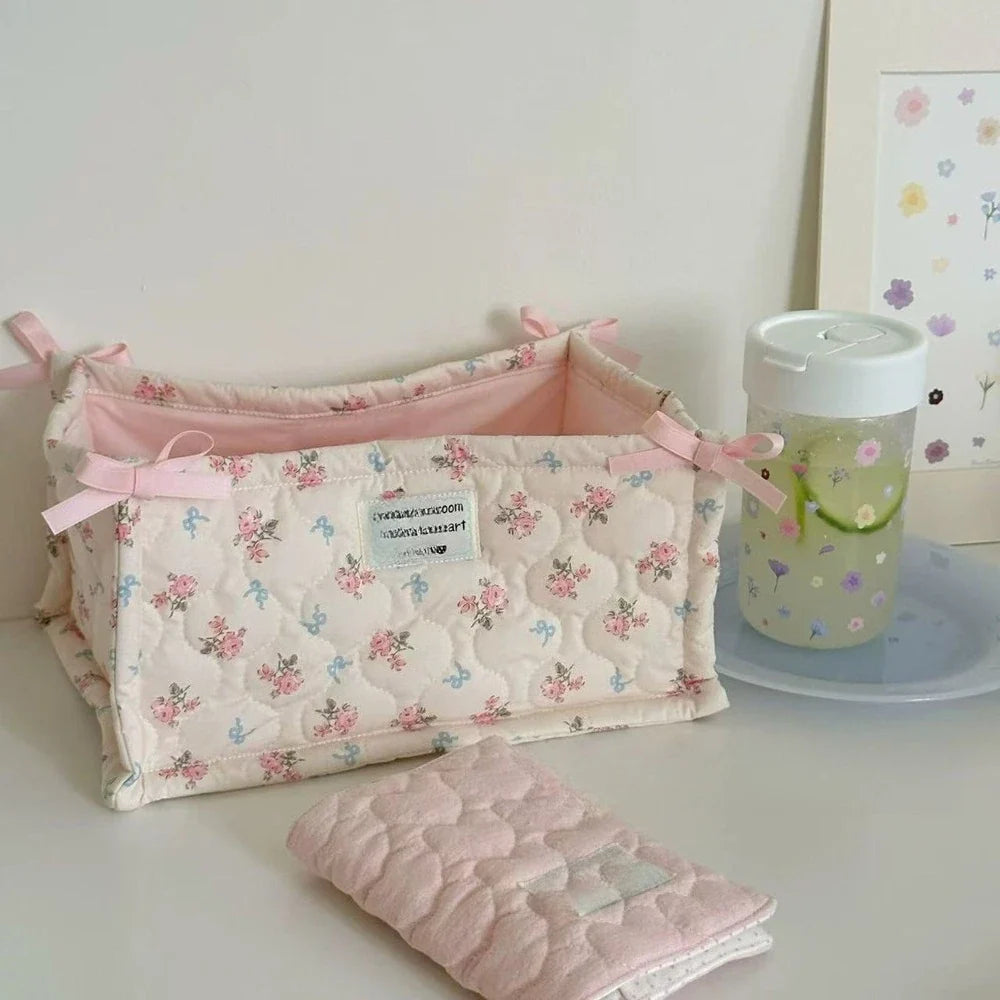 Square Storage Basket Lace Flower Desktop Organizer Storage Basket Korean Quilted Storage Basket Cute Storage Frame Home Decorat