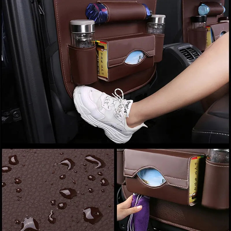 Car Seat Back Organizer with Foldable Table Tray – PU Leather Storage with Multiple Pockets & Kick Mats, Car Interior Accessories