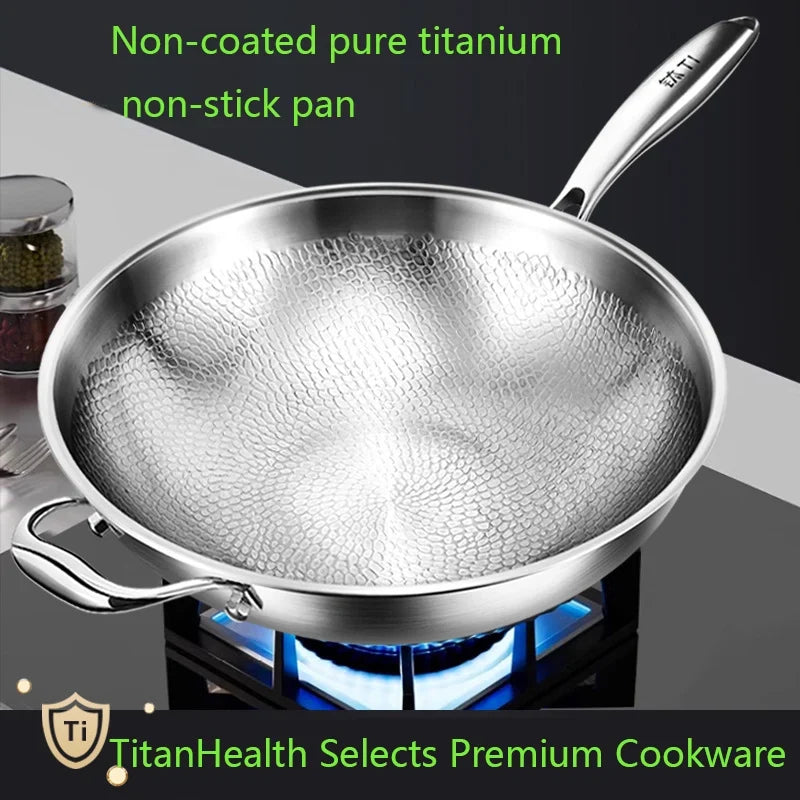 Kengqiang Pure Titanium Frying Pan Uncoated Non Stick Pan Fish Scale Hammer Pattern Titanium Alloy Wok Kitchen Custom Cookwares