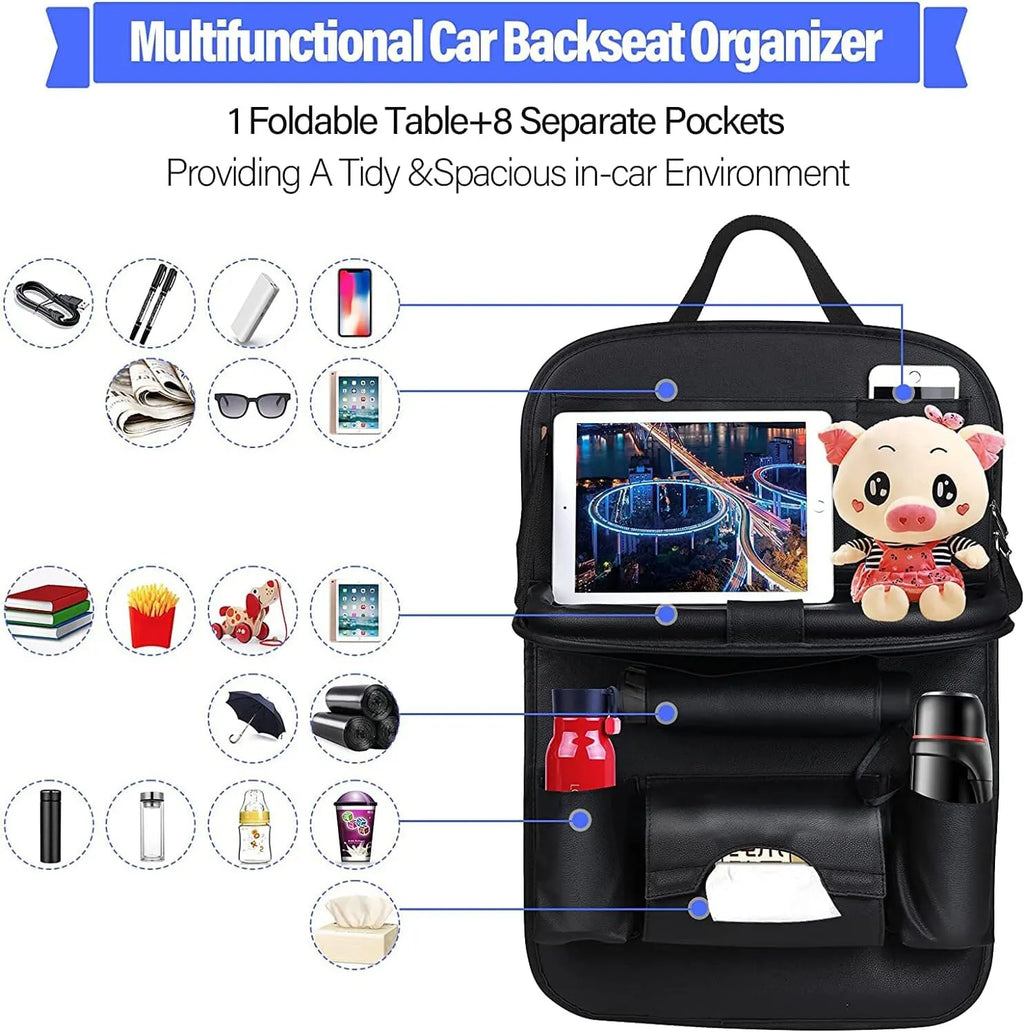 Car Seat Back Organizer with Foldable Table Tray – PU Leather Storage with Multiple Pockets & Kick Mats, Car Interior Accessories