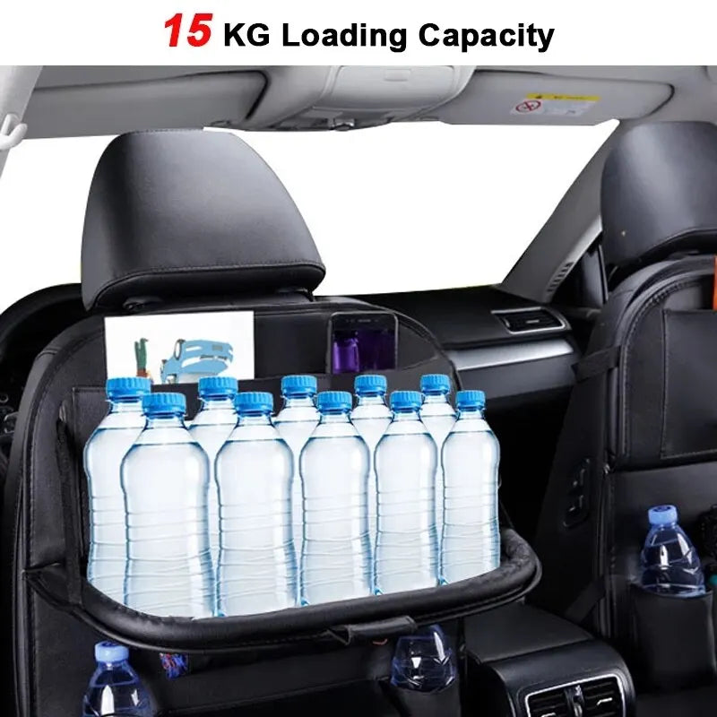 Car Seat Back Organizer with Foldable Table Tray – PU Leather Storage with Multiple Pockets & Kick Mats, Car Interior Accessories