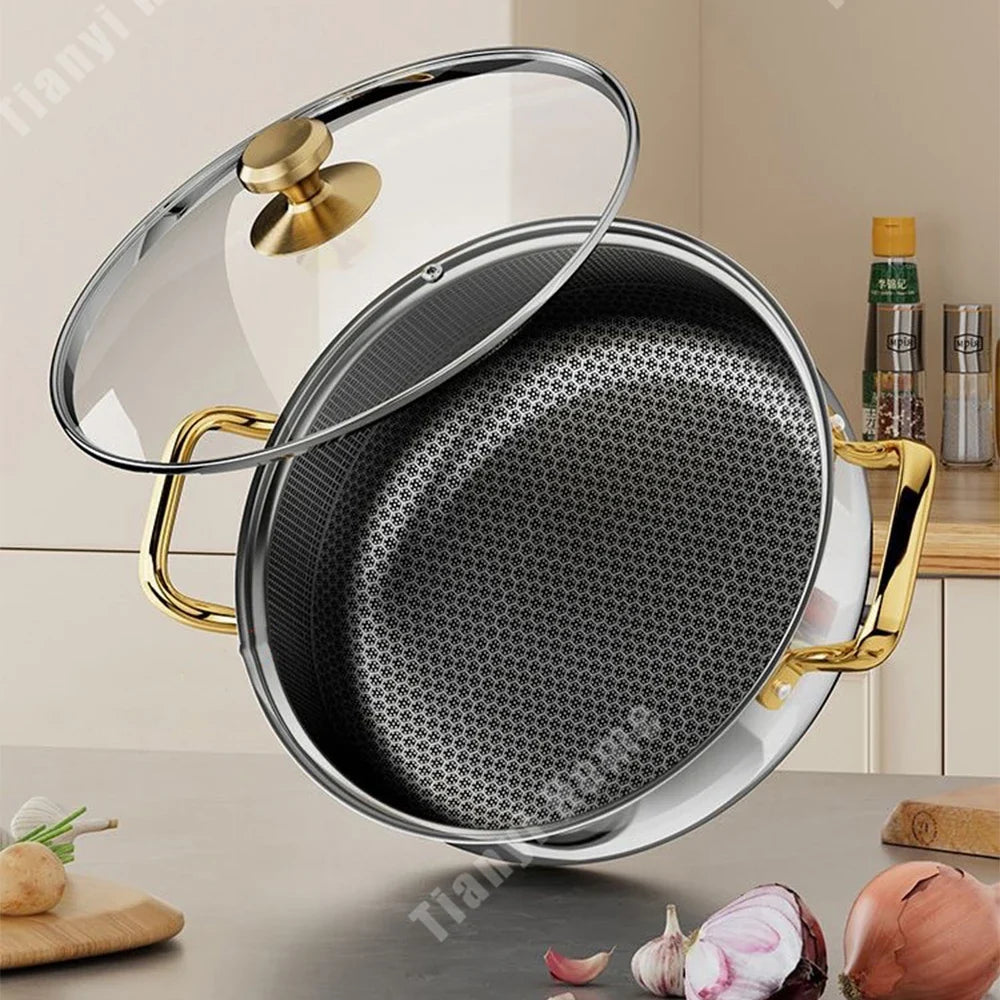 30cm Stainless Steel Frying Pan Non-stick Soup Pot wok with lid Home Honeycomb Induction Cooker Gas Stove Stew Kitchen Cookware