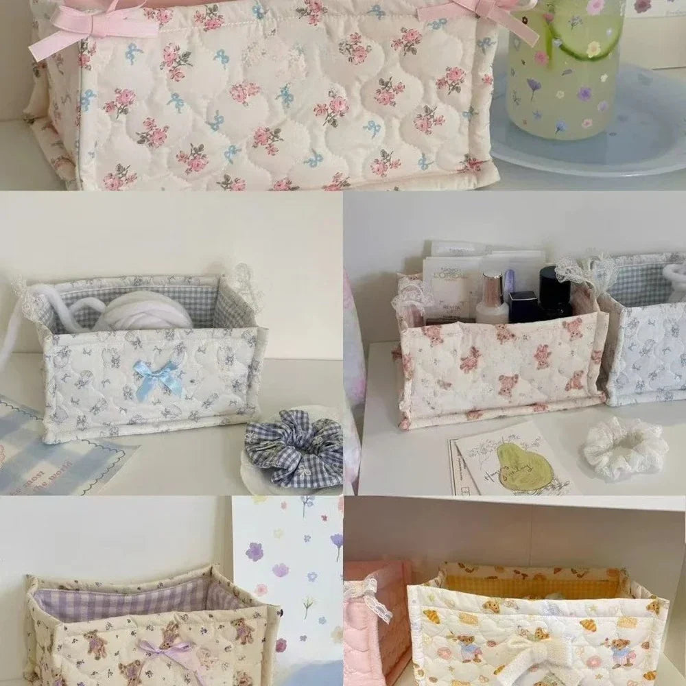 Square Storage Basket Lace Flower Desktop Organizer Storage Basket Korean Quilted Storage Basket Cute Storage Frame Home Decorat