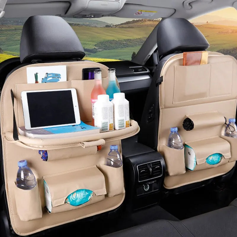 Car Seat Back Organizer with Foldable Table Tray – PU Leather Storage with Multiple Pockets & Kick Mats, Car Interior Accessories