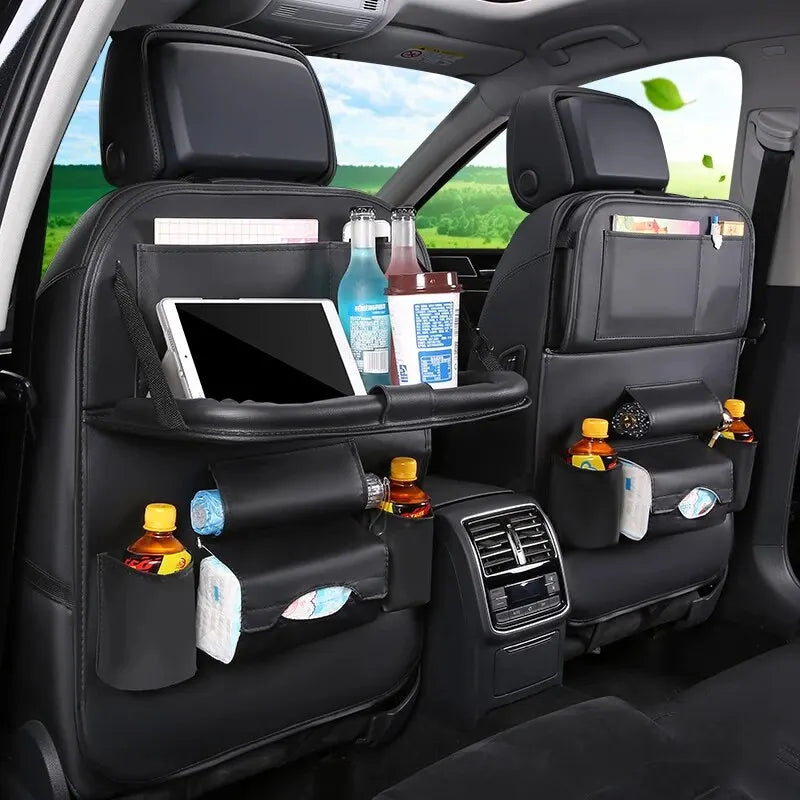 Car Seat Back Organizer with Foldable Table Tray – PU Leather Storage with Multiple Pockets & Kick Mats, Car Interior Accessories