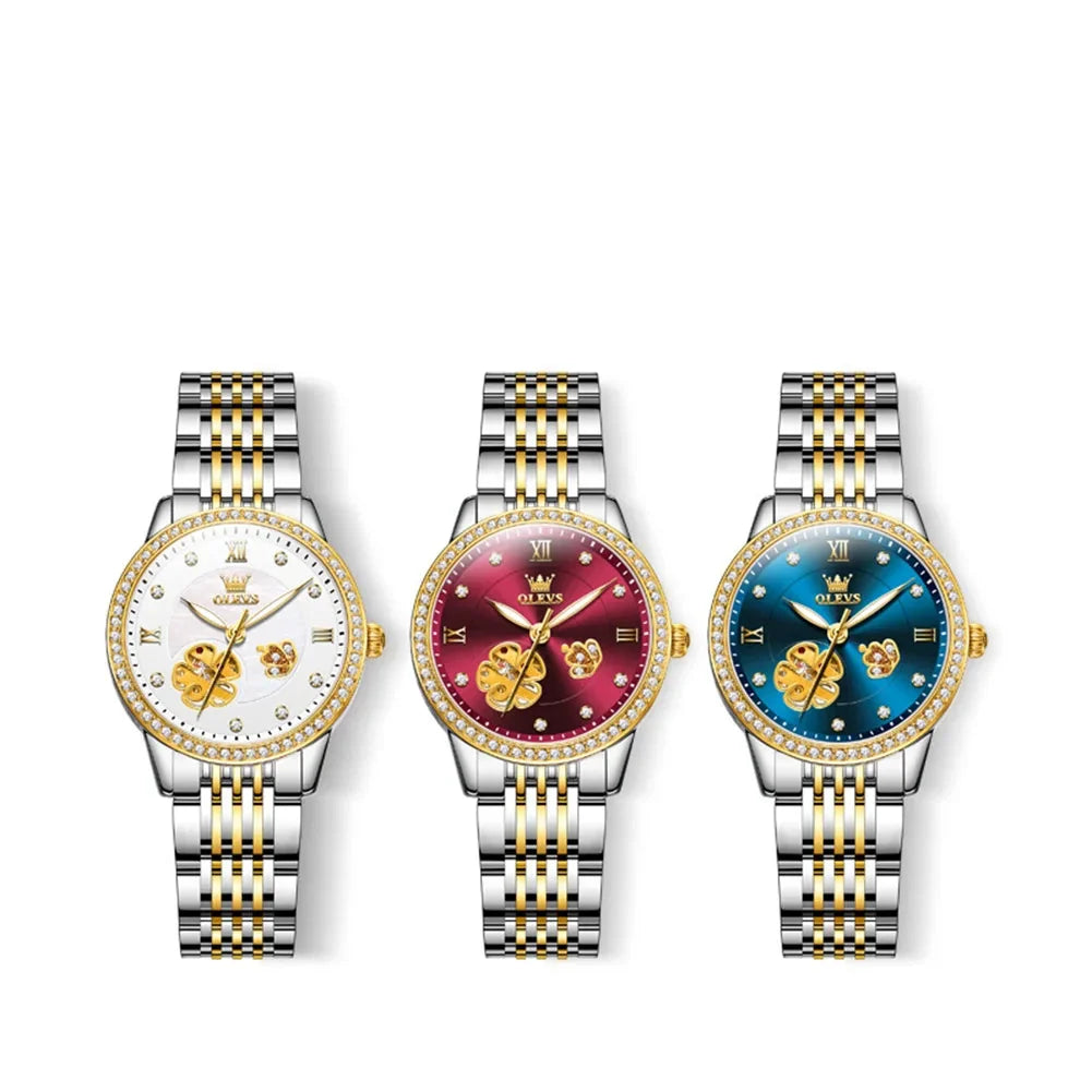 Women's Automatic Flower Skeleton Watch Jubilee Bracelet