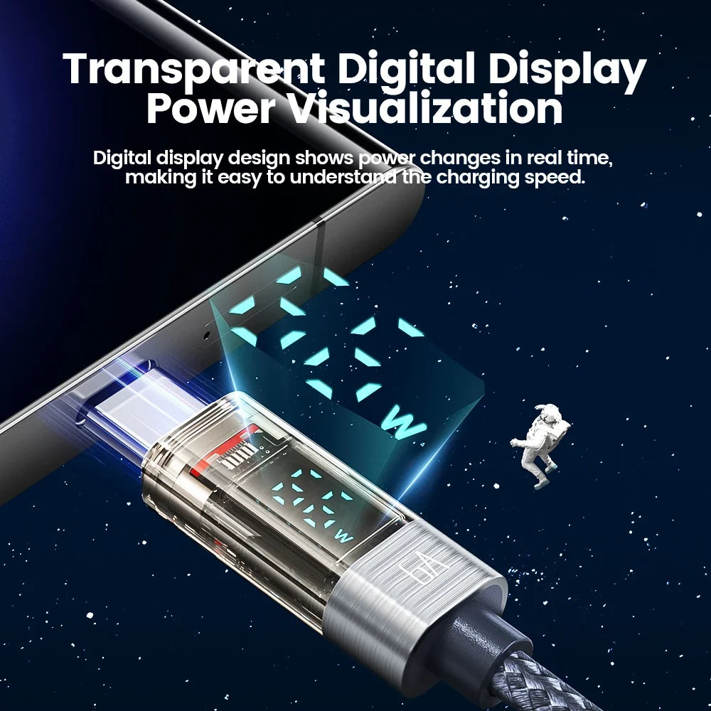 Toocki 6A USB Cable To USB C Spring Fast Phone Charger For Huawei PD100W Transparent Digital Display Type C Cable For Laptop LG