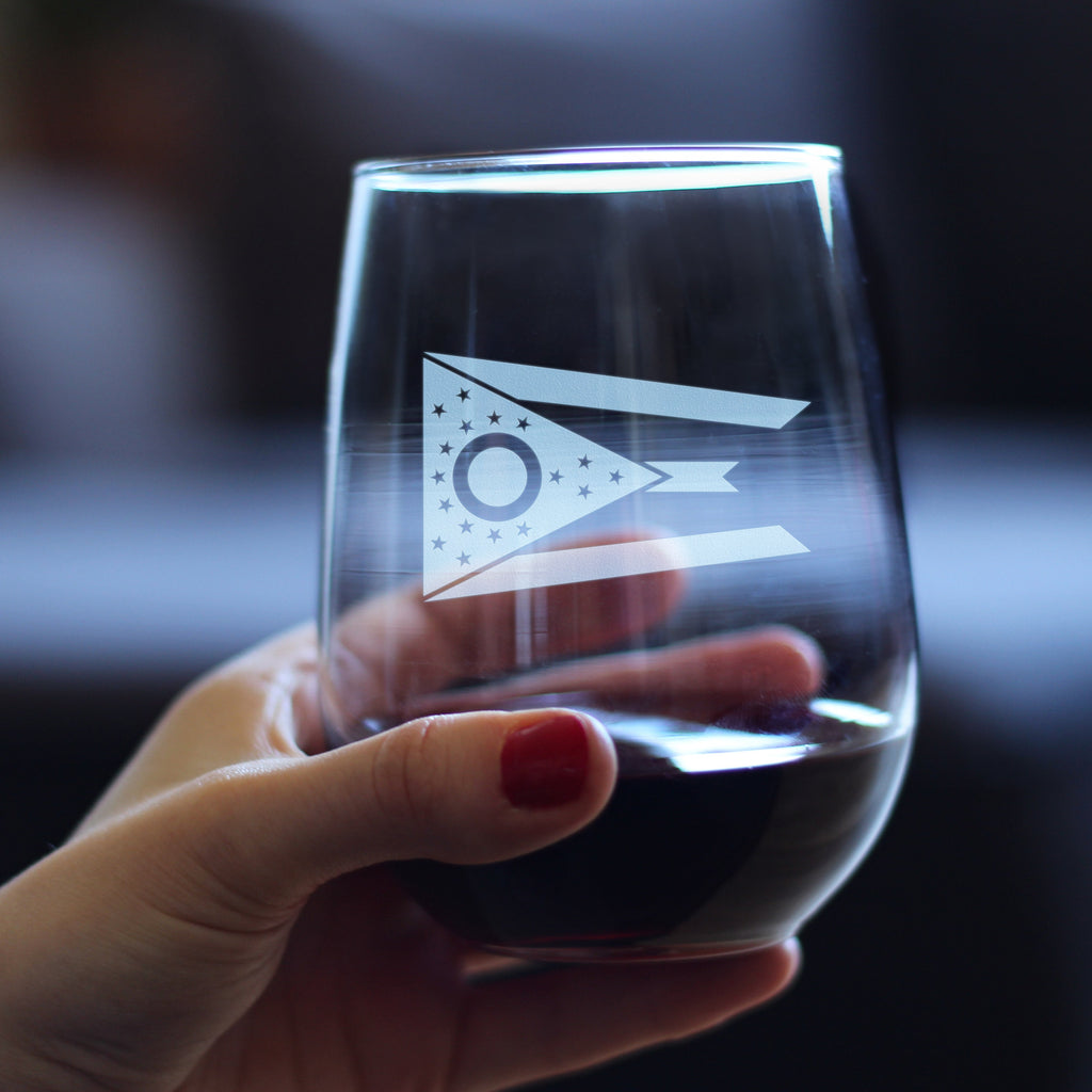Ohio Flag Stemless Wine Glass - State Themed Drinking Decor and Gifts for Ohioan Women & Men - Large 17 Oz Glasses