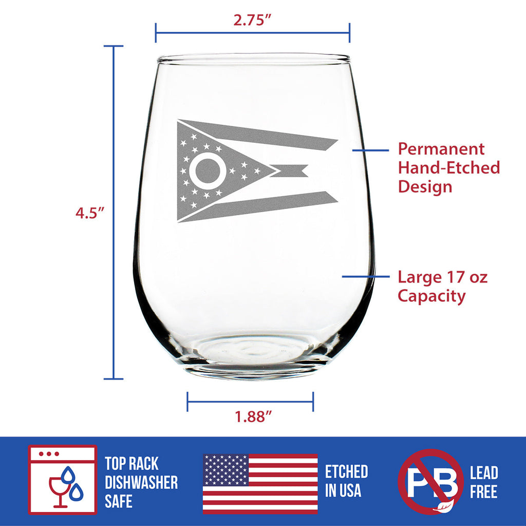 Ohio Flag Stemless Wine Glass - State Themed Drinking Decor and Gifts for Ohioan Women & Men - Large 17 Oz Glasses