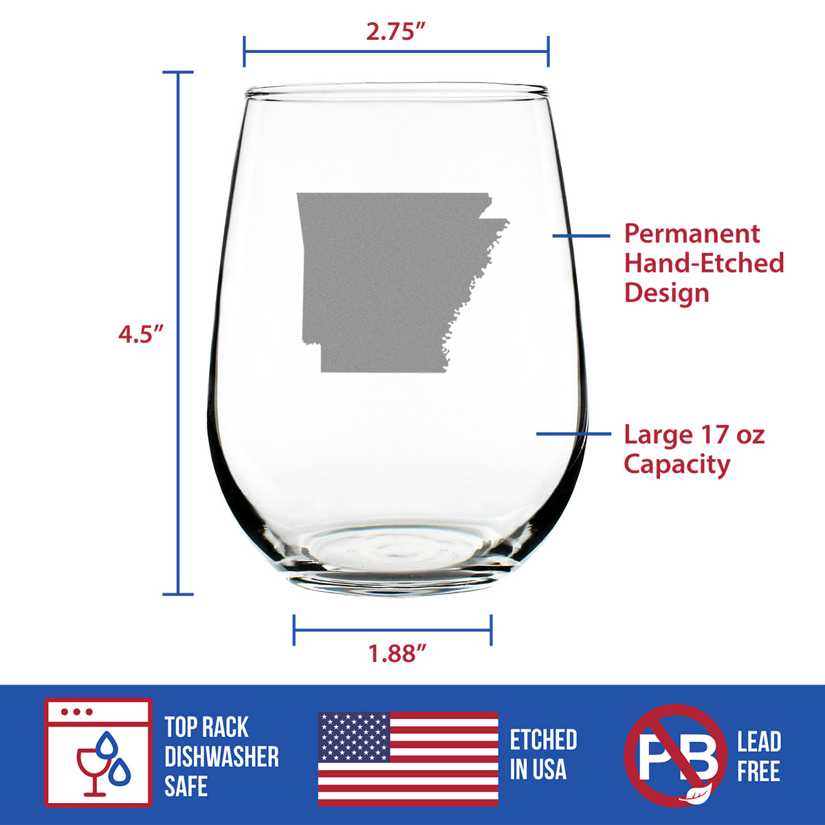Arkansas State Outline Stemless Wine Glass - State Themed Drinking Decor and Gifts for Arkansans & Arkansawyer Women & Men - Large 17 Oz Glasses